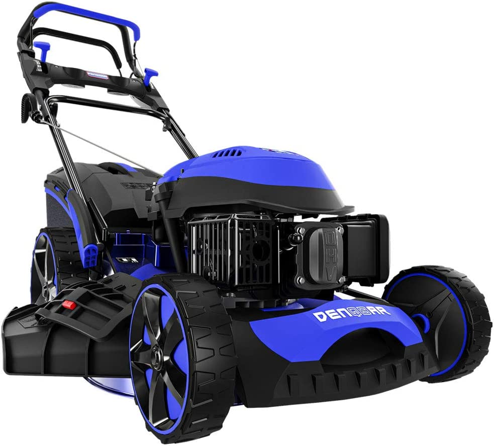 DENQBAR Benzin-Rasenmäher DQ-R51EV, 9-in-1, E-Start, Gangwahl, 51 cm Schnittbreite, Mulcher, Mäher, Radantrieb, Grasfangkorb 65 L, Schnitthöhe 25-75 mm
