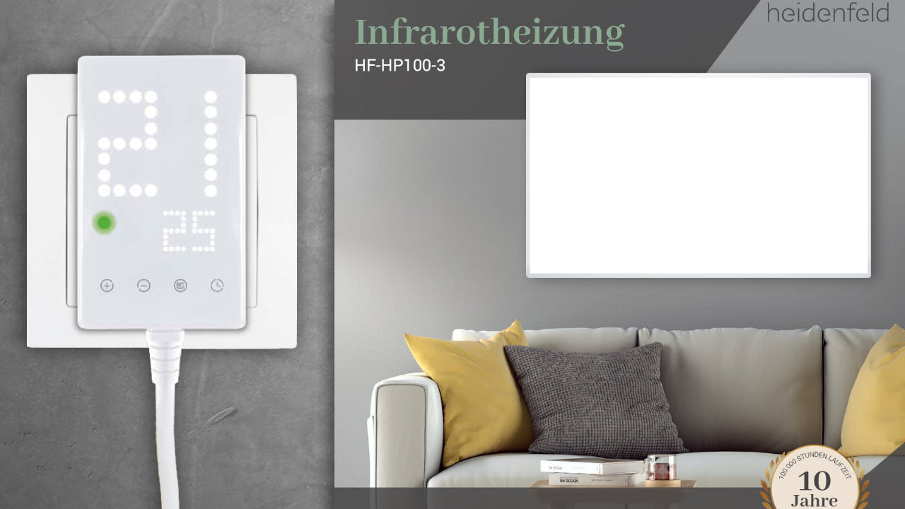 Heidenfeld Infrarotheizung mit Thermostat, 10 Jahre Garantie, Deutsche Qualitätsmarke, TÜV GS